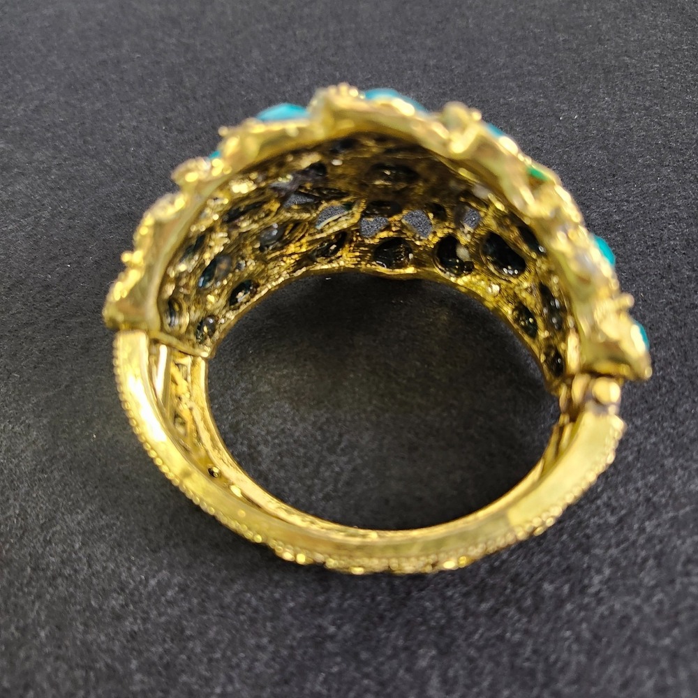 Gold Tone Clamp Bracelet with Teal Turquoise Color Stones Statement Jewelry - Picture 6 of 7